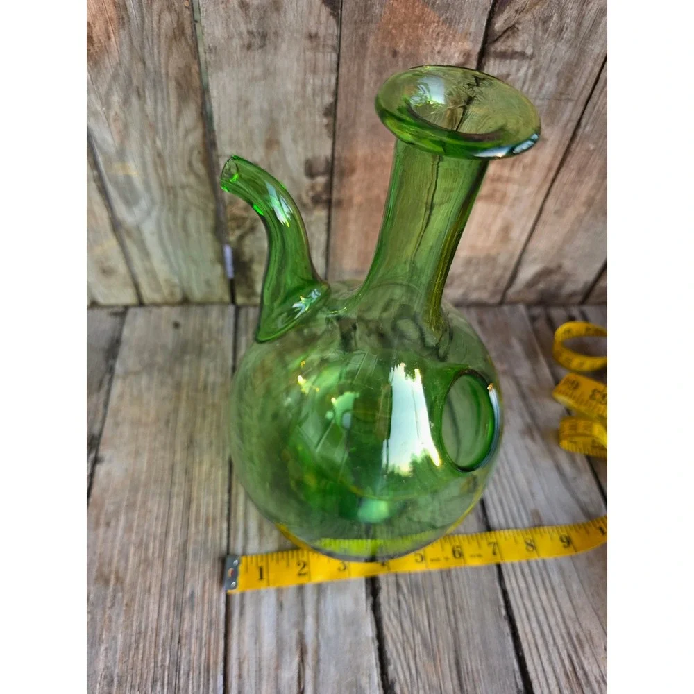 Green Hand Blown Glass Porron Wine Decanter Double Chamber Ice Pocket 11 inch